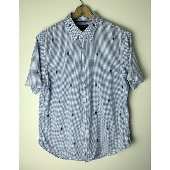 Polo Ralph Lauren‎ Slim Fit Plaid S/S Button Camp Shirt Gingham Preppy Bear AOP - Picture 1 of 4